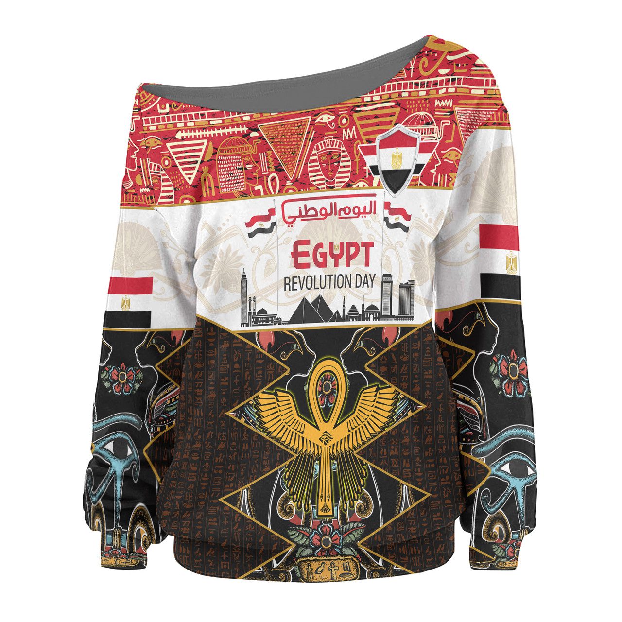 Egypt Women Off Shoulder Sweater – Egypt Revolution Day With Egyptian Ankh. Sacred Black Cat And Ancient Hieroglyphs Off Shoulder Sweater