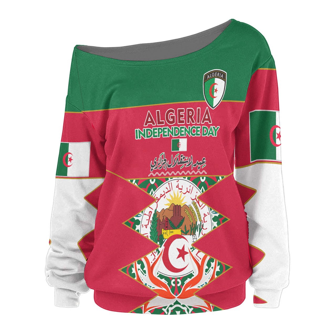 Algeria Women Off Shoulder Sweater – Custom Algeria Independence Day With Fennec Fox And National Emblem