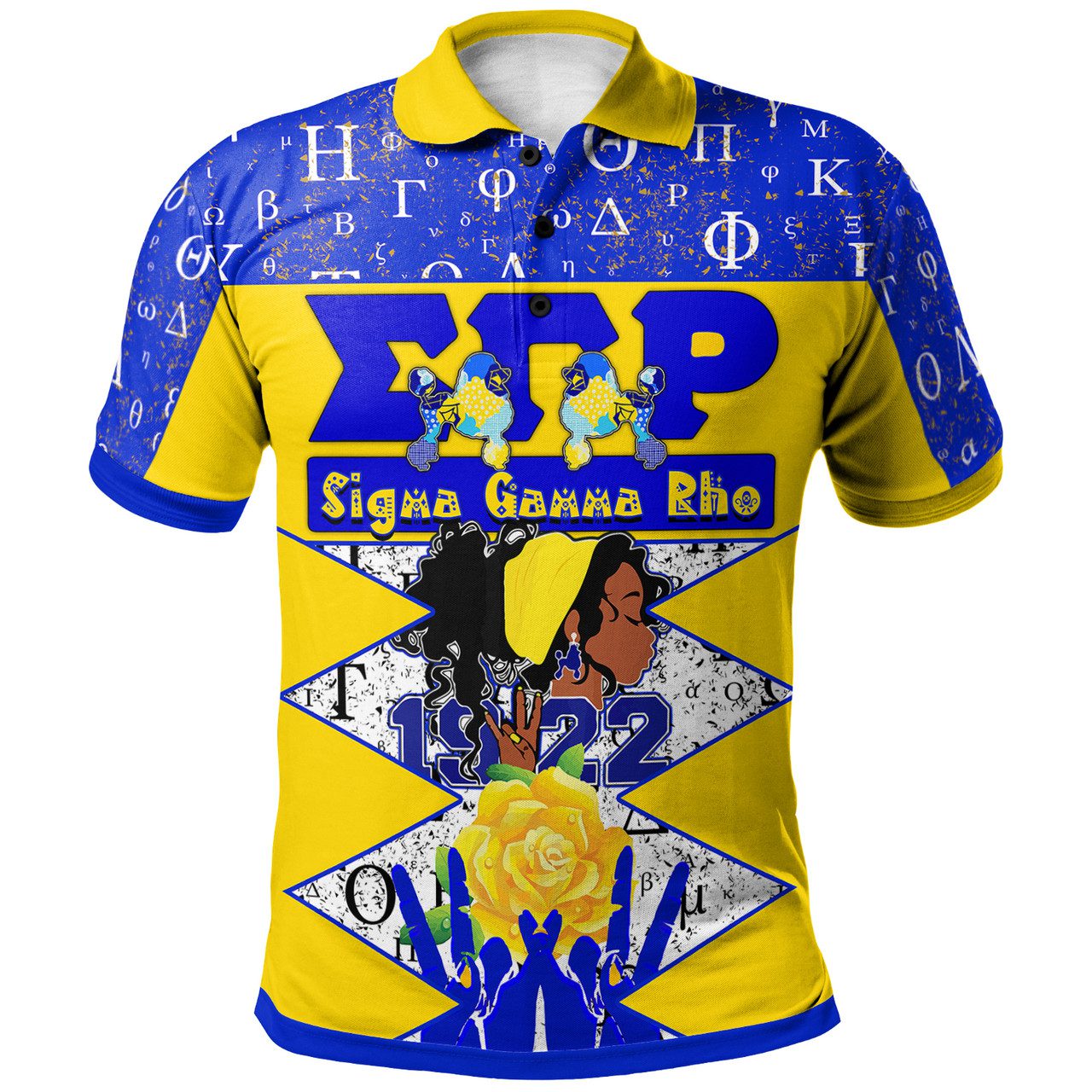 Sigma Gamma Rho Polo Shirt – Sigma Gamma Rho Sorority Girl 1922 Greek Alphabet With Gold Rose And Hand Signs Polo shirt