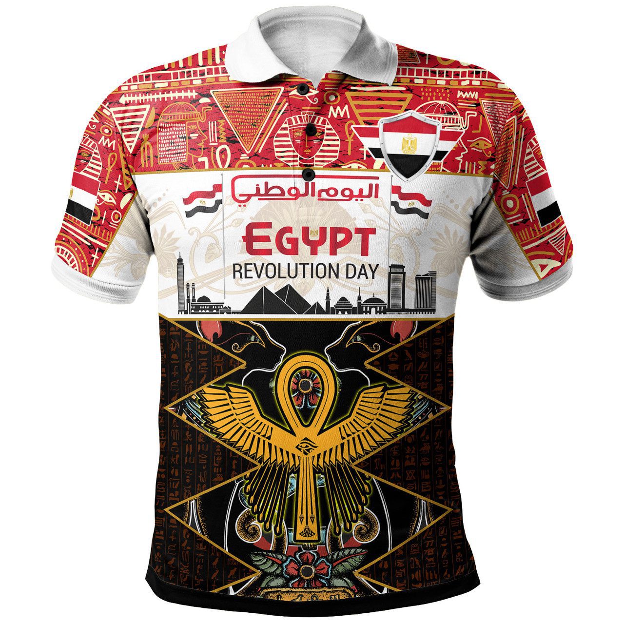 Egypt Polo Shirt – Egypt Revolution Day With Egyptian Ankh, Sacred Black Cat And Ancient Hieroglyphs Polo Shirt