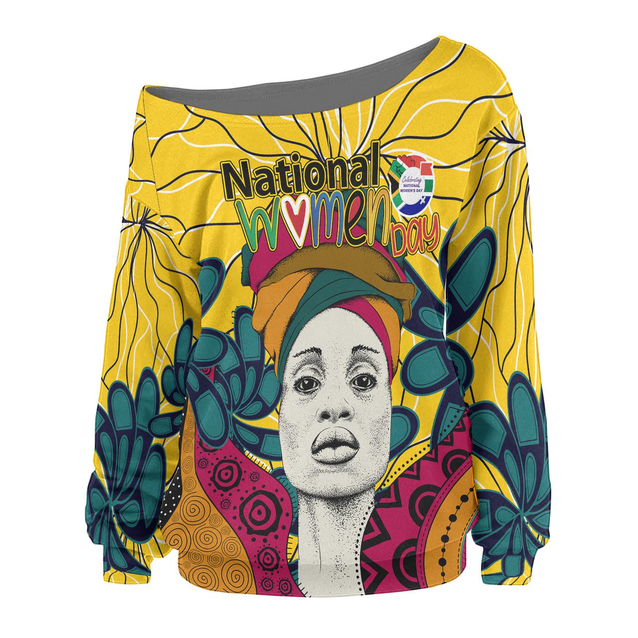 South Africa National Women’s Day Off Shoulder Sweater – Happy National Women’s Day With African Patterns Woman Off Shoulder Sweater