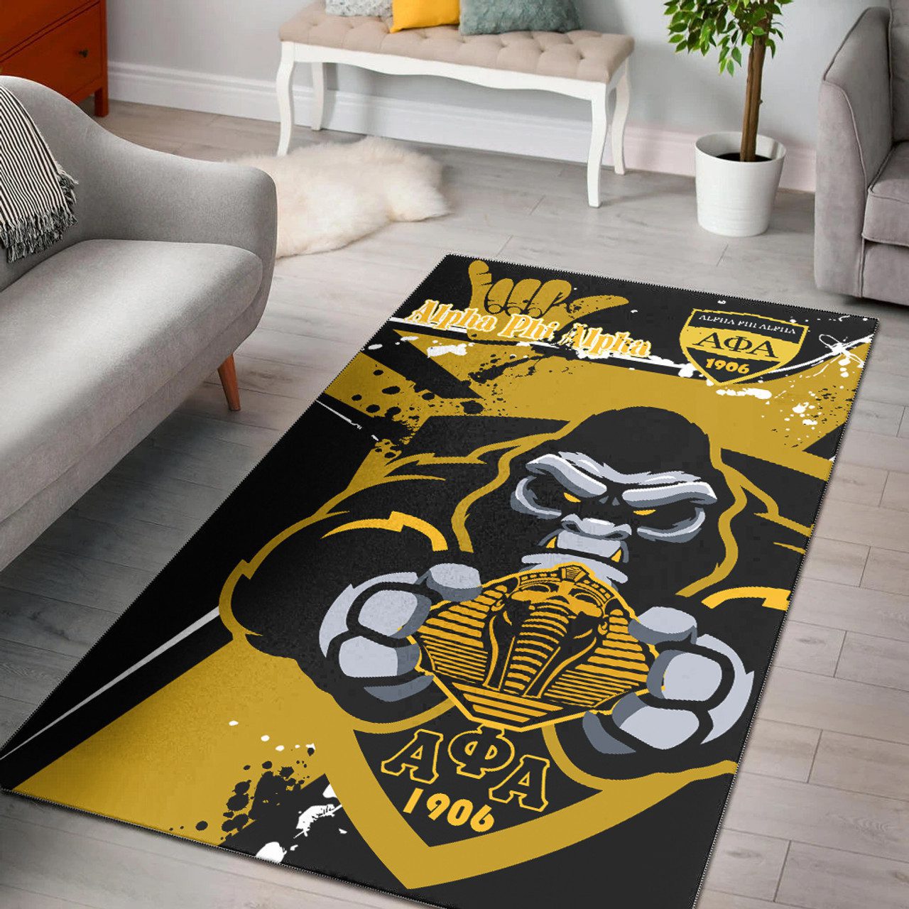 Alpha Phi Alpha Area Rug – Gorilla Fraternity With Hand Sign And Sphinx Splash Style