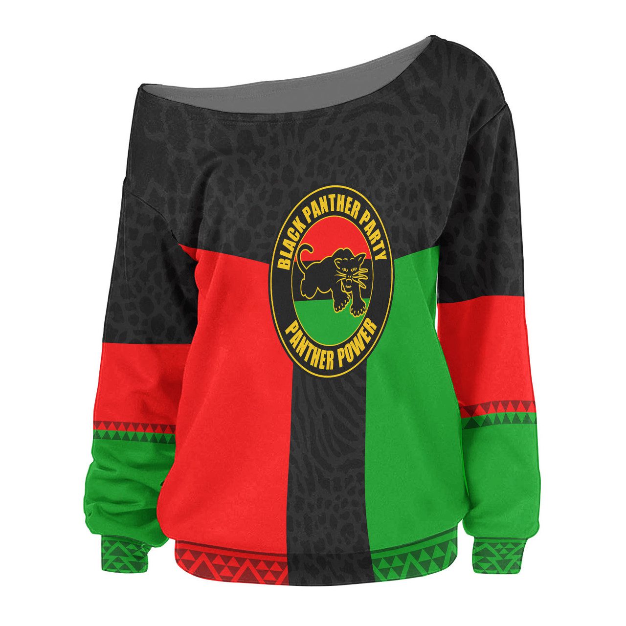 African Women Off Shoulder Sweater – Africa African Flag With Panther Power
