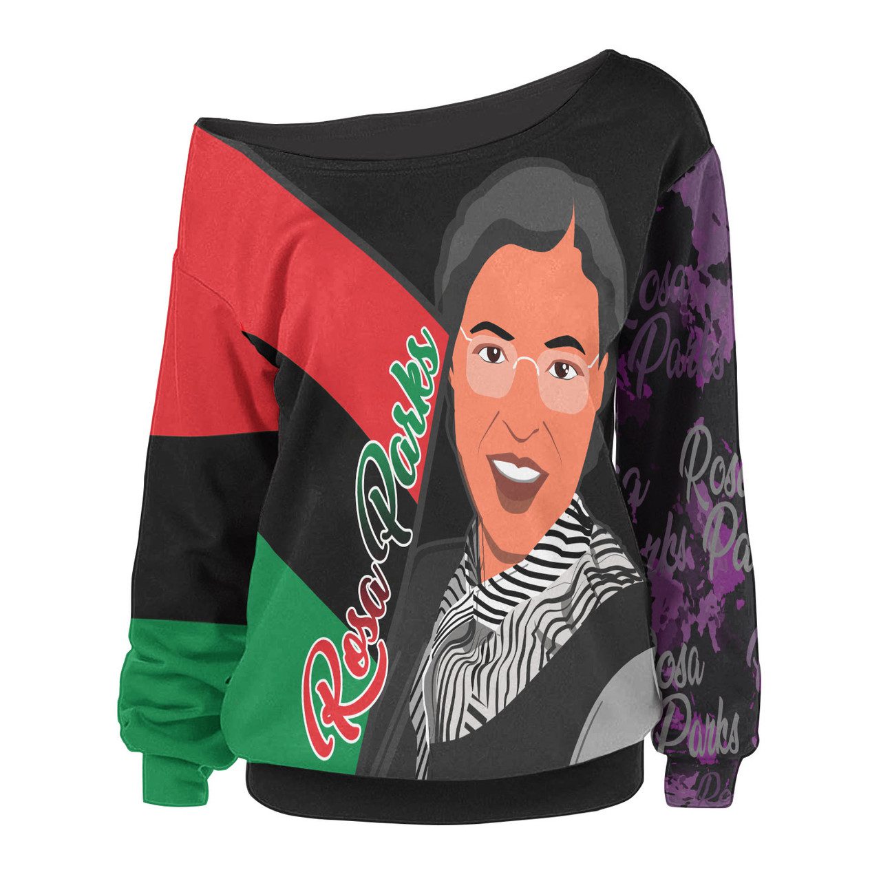 Black History Month Women Off Shoulder Sweater – Rosa Parks Civil Rights Leader With Pan Africa Flag