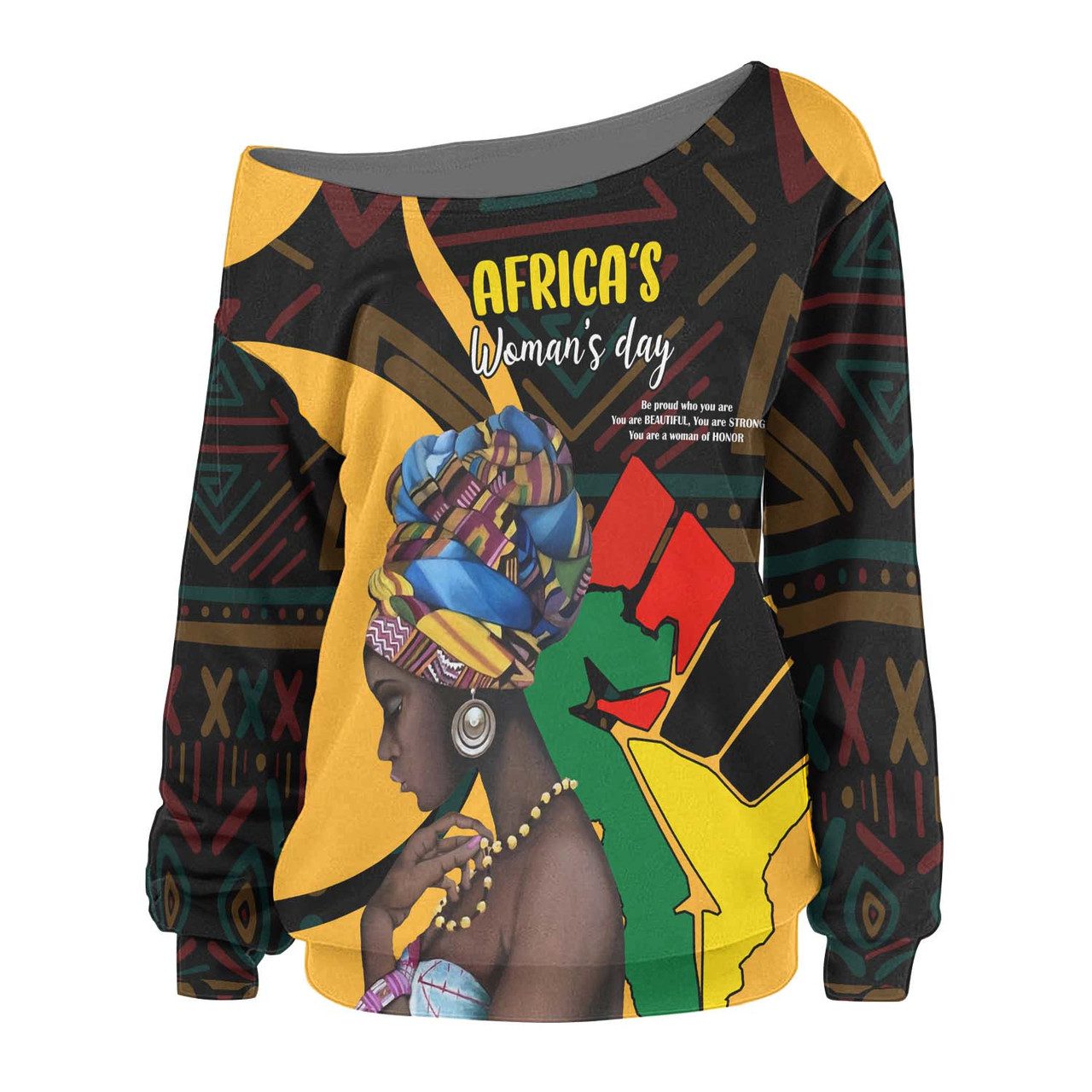 African Women Off Shoulder Sweater – Celebrate Africa’s Woman’s Day with Ethnic Patterns Women Off Shoulder Sweater