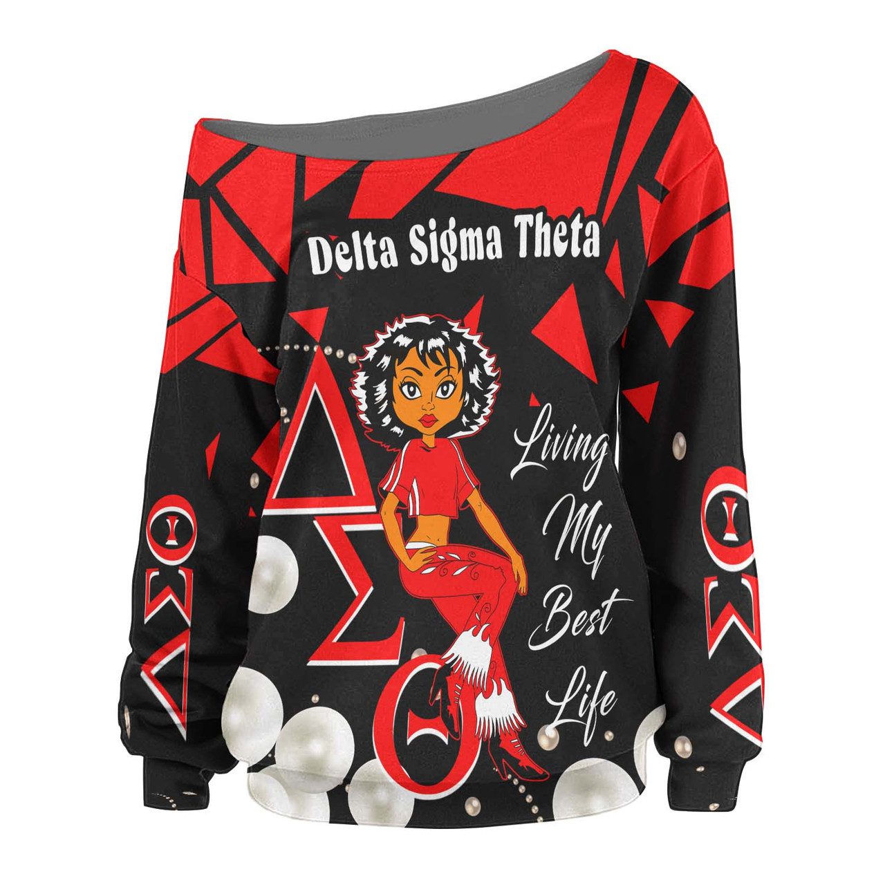 Delta Sigma Theta Women Off Shoulder Sweater – Custom Sorority Low Poly And Pearl Girl Women Off Shoulder Sweater