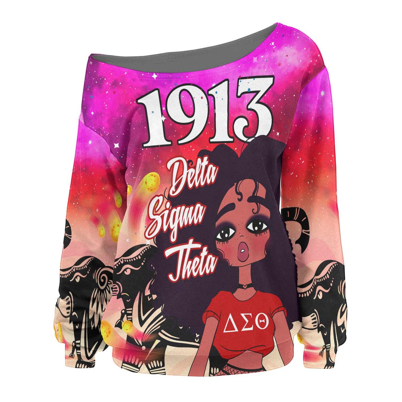 Delta Sigma Theta Women Off Shoulder Sweater – Custom Sorority Delta Sigma Theta Girl Galaxy Dreaming Style 1913 Women Off Shoulder Sweater