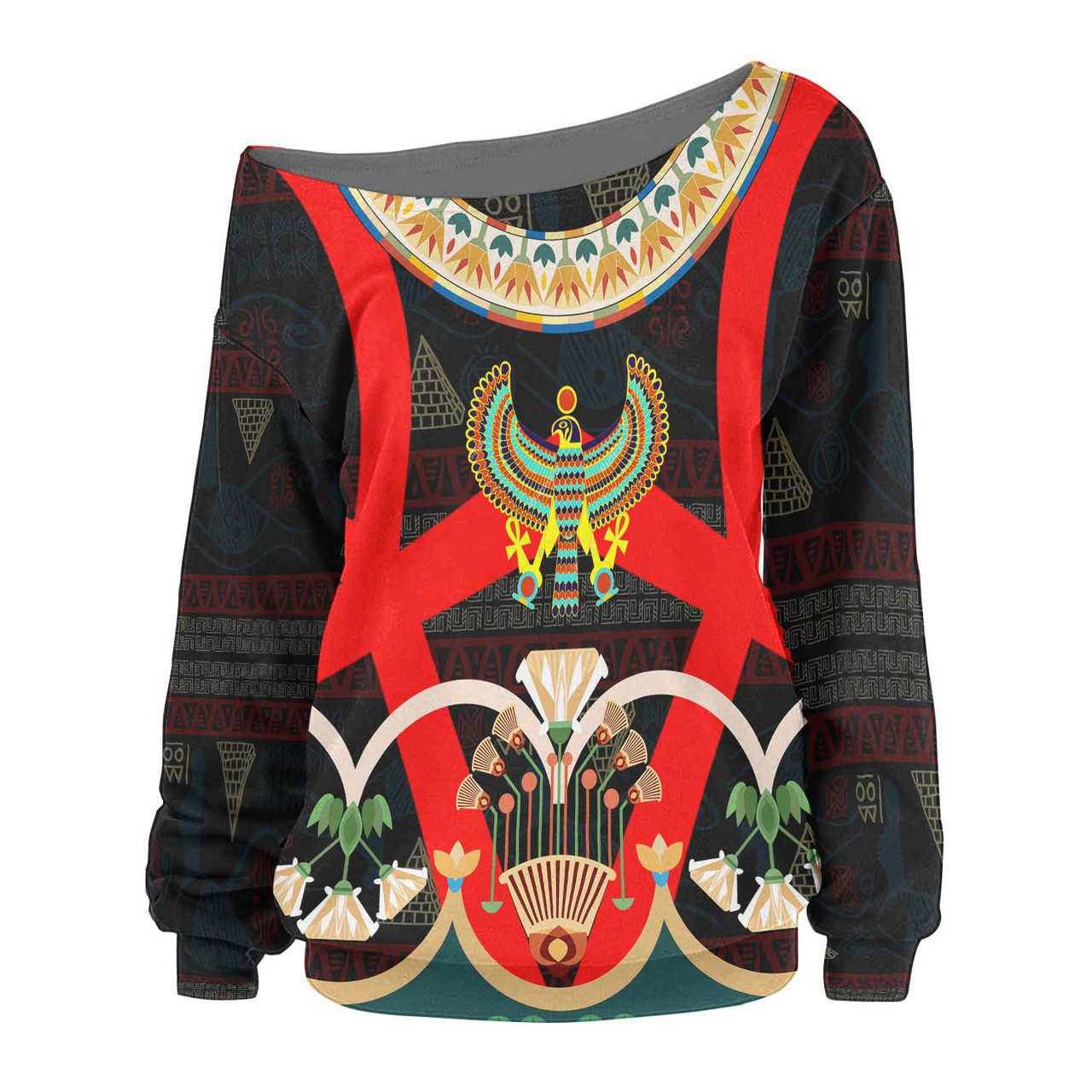 Egyptian Women Off Shoulder Sweater – Ancient Egypt Hyeroglyphs Pattern Women Off Shoulder Sweater
