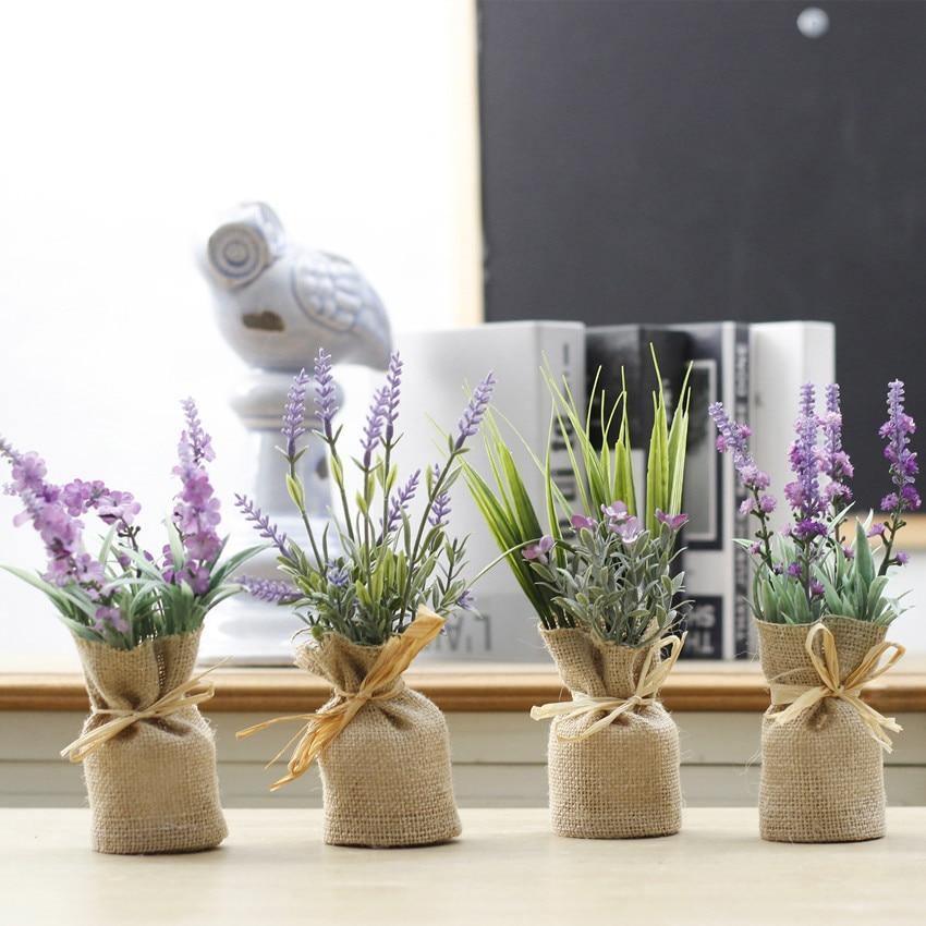 Linen Cloth Potted Artificial Flowers Bouquet Home Decor White Lavender NTD