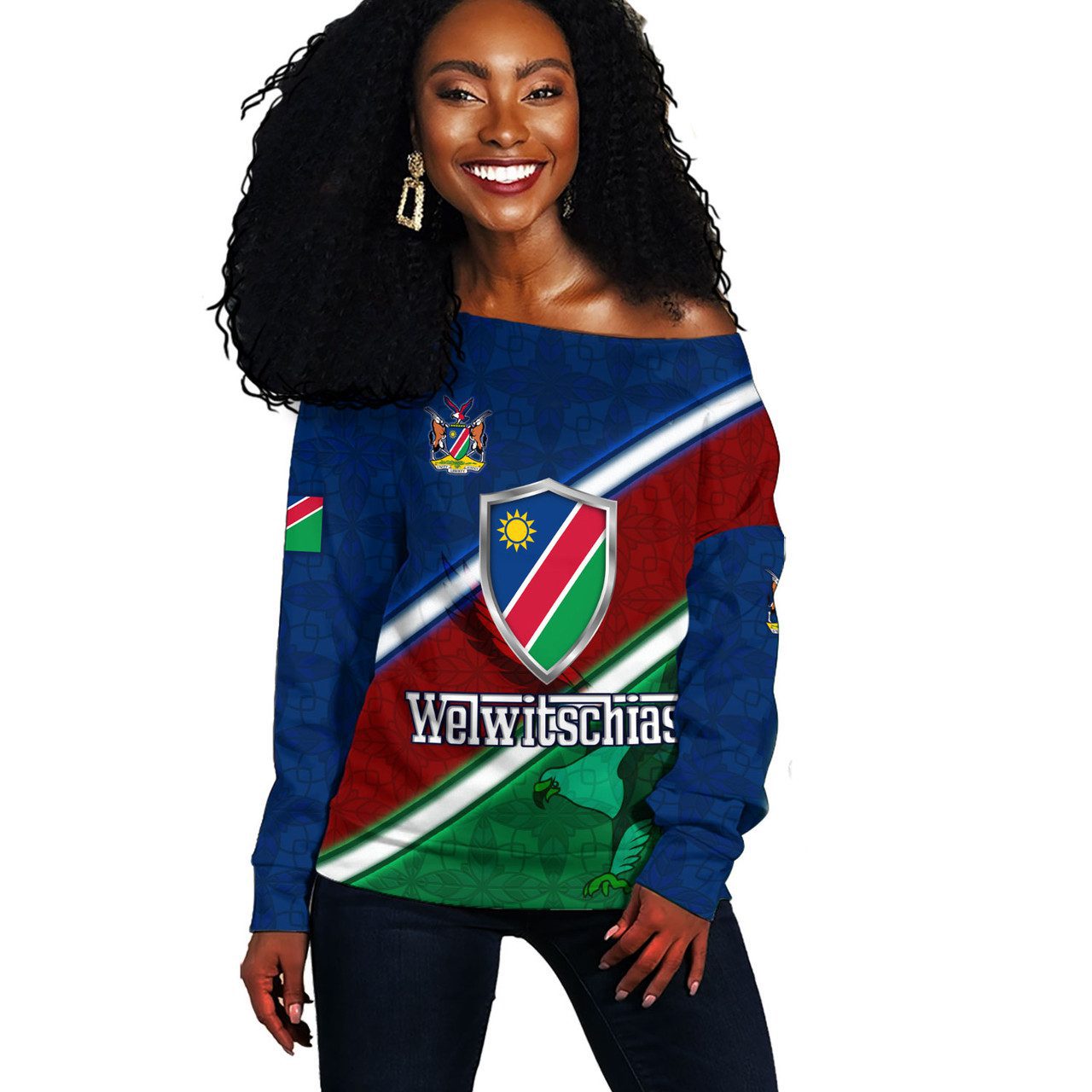 Namibia Off Shoulder Sweatshirt African Fish Eagle Mascot With Flag Color Style