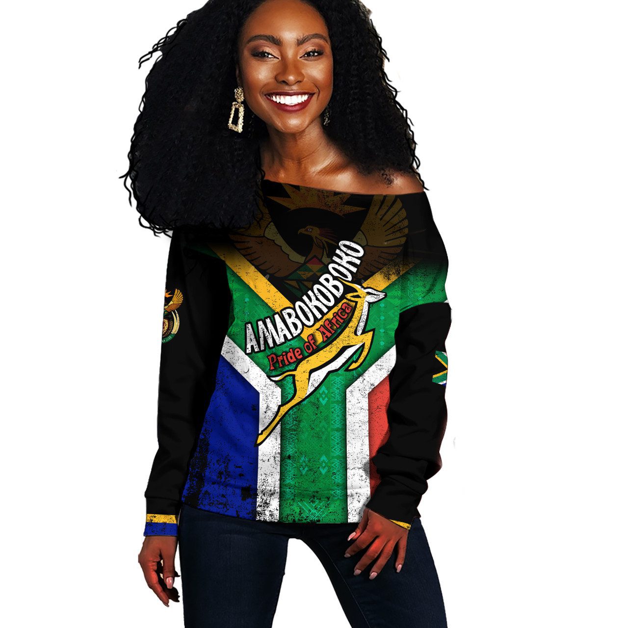 South Africa Off Shoulder Sweatshirt Amabokoboko Pride Of Africa