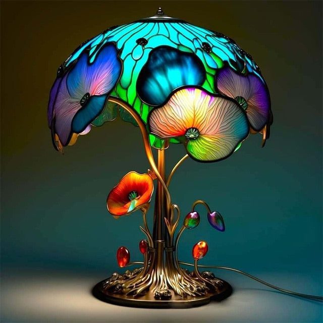 Vintage Stained Glass Mushroom Table Lamp: Creative Resin Plant Flower Series Night Light for Colorful Bedroom Decor – Retro Atmosphere Bedside Lamp NTD