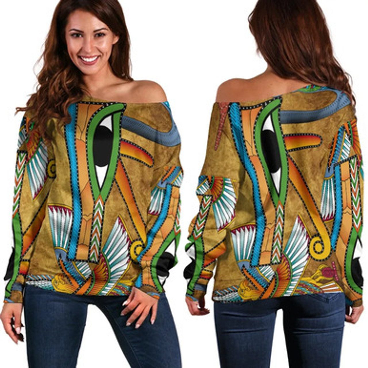 African Women Off Shoulder Sweater – Egyptian Hieroglyphics and Gods Self Knowledge