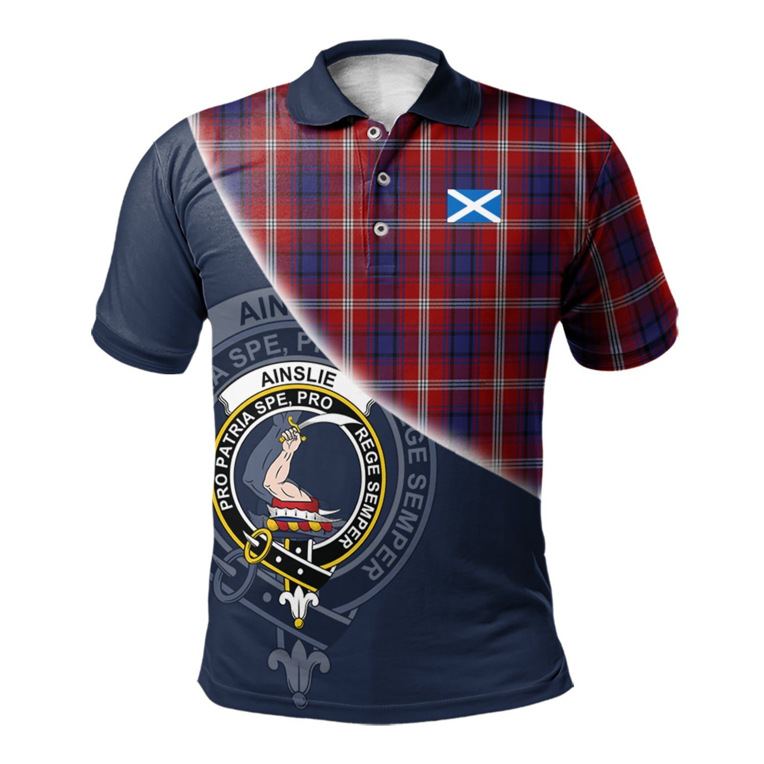 Ainslie Clan Scotland Golf Polo, Tartan Mens Polo Shirts with Scottish Flag Half Style K23