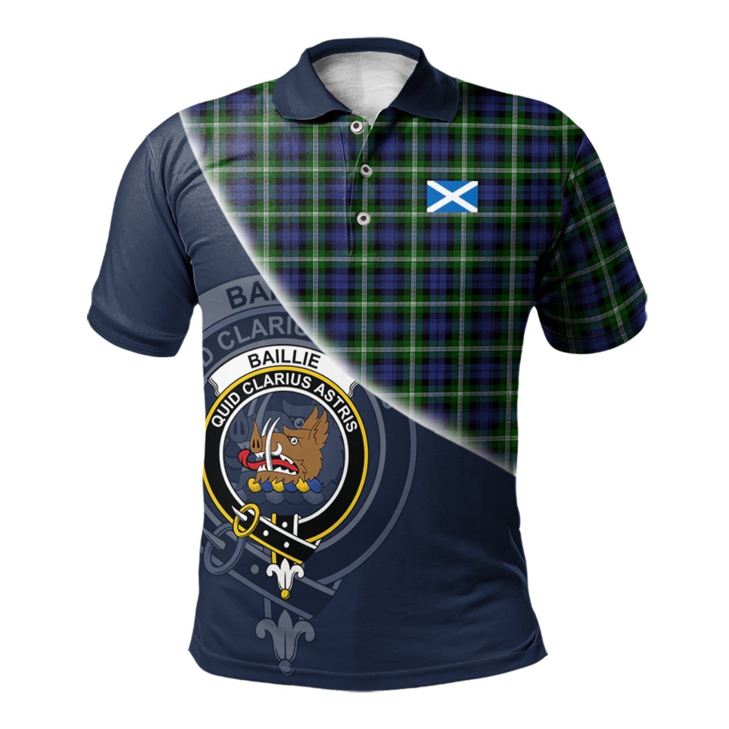 Baillie Modern Clan Scotland Golf Polo, Tartan Mens Polo Shirts with Scottish Flag Half Style K23