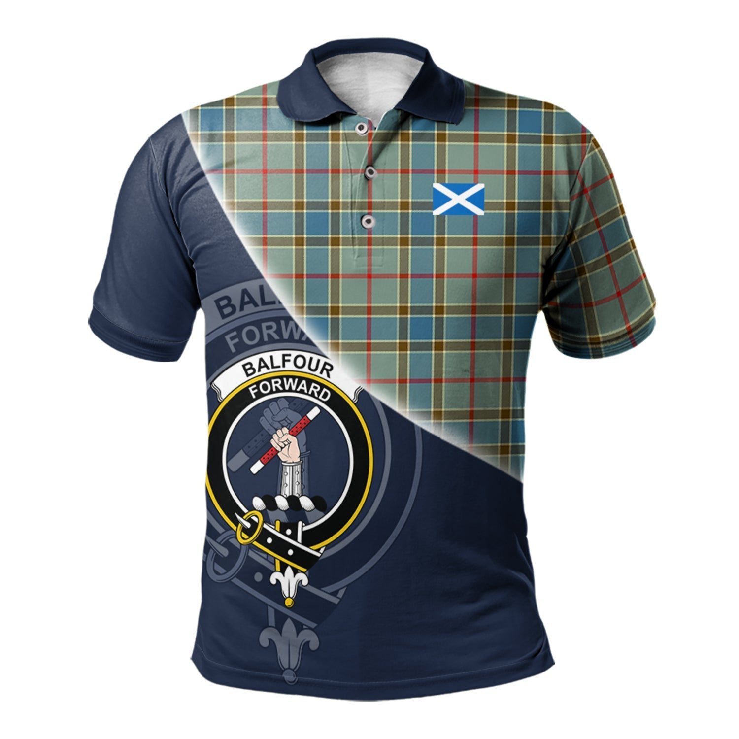 Balfour Blue Clan Scotland Golf Polo, Tartan Mens Polo Shirts with Scottish Flag Half Style K23