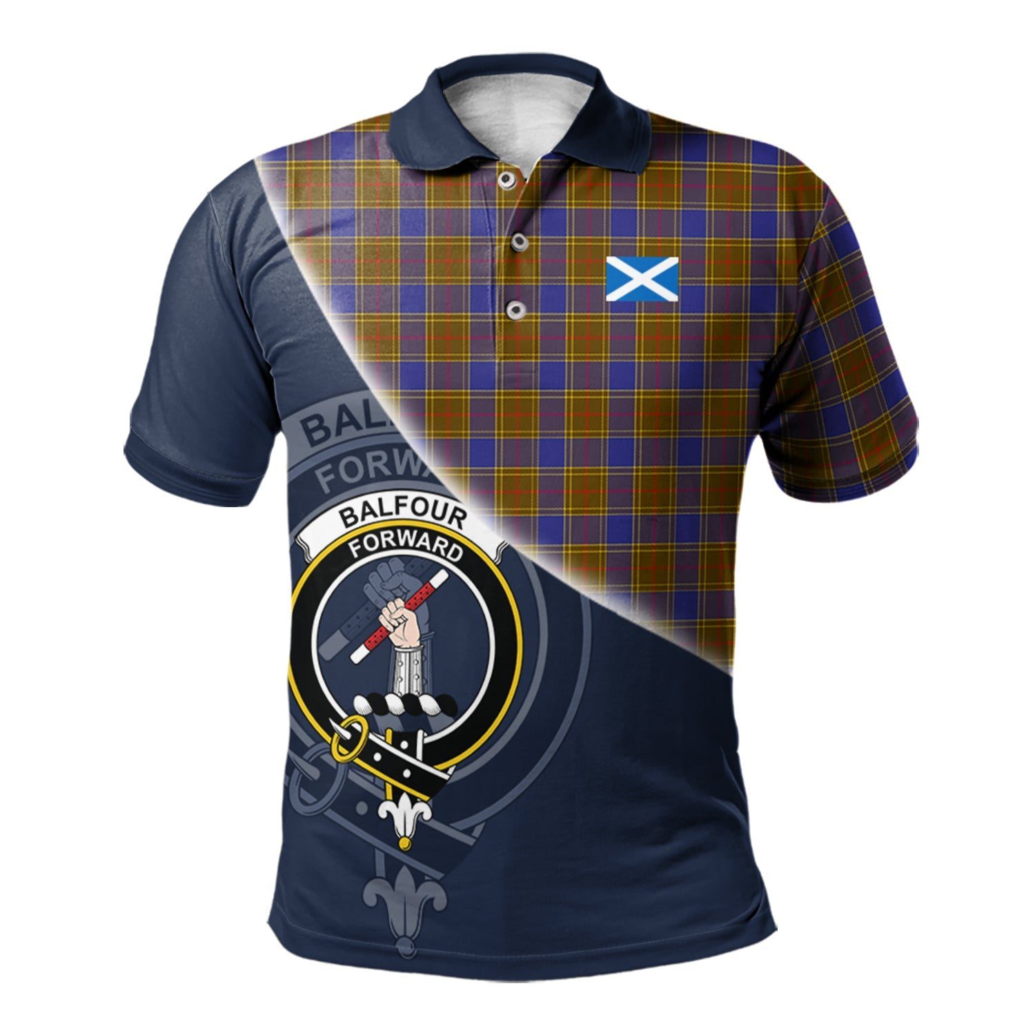 Balfour Modern Clan Scotland Golf Polo, Tartan Mens Polo Shirts with Scottish Flag Half Style K23