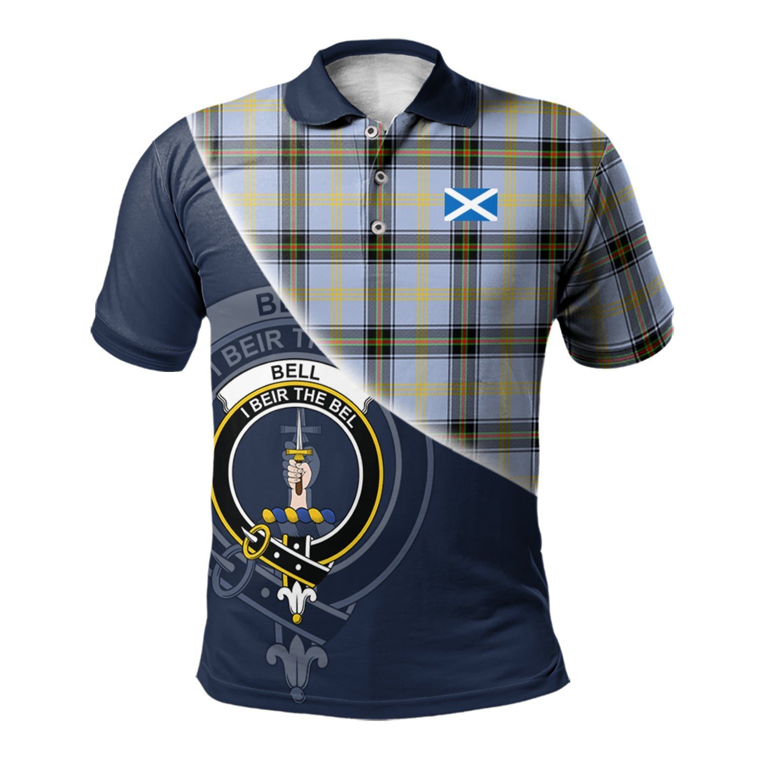 Bell Clan Scotland Golf Polo, Tartan Mens Polo Shirts with Scottish Flag Half Style K23