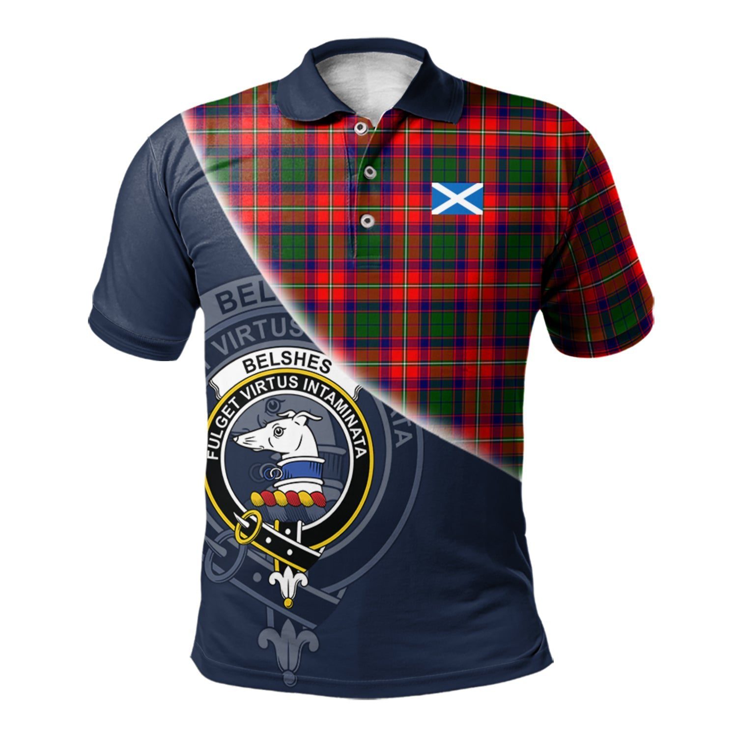 Belshes Clan Scotland Golf Polo, Tartan Mens Polo Shirts with Scottish Flag Half Style K23
