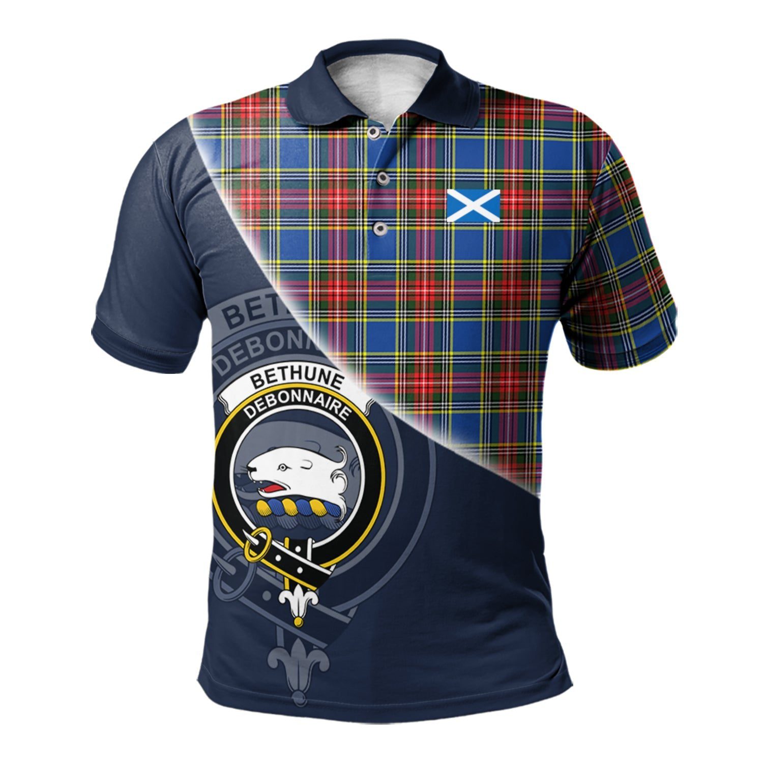 Bethune Clan Scotland Golf Polo, Tartan Mens Polo Shirts with Scottish Flag Half Style K23