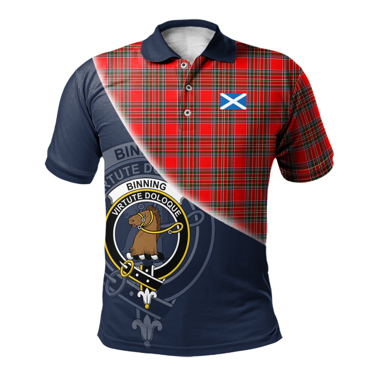 Binning Clan Scotland Golf Polo, Tartan Mens Polo Shirts with Scottish Flag Half Style K23