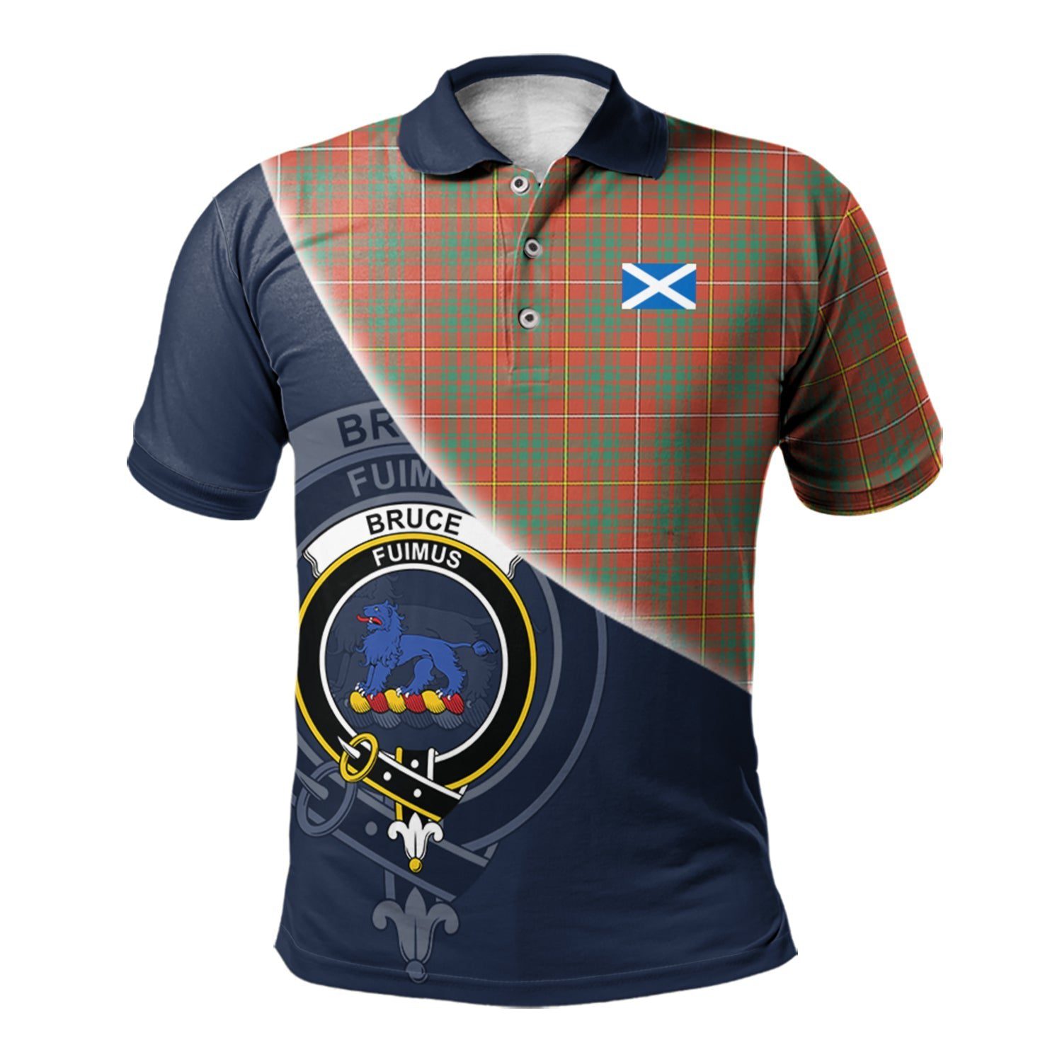Bruce Ancient Clan Scotland Golf Polo, Tartan Mens Polo Shirts with Scottish Flag Half Style K23