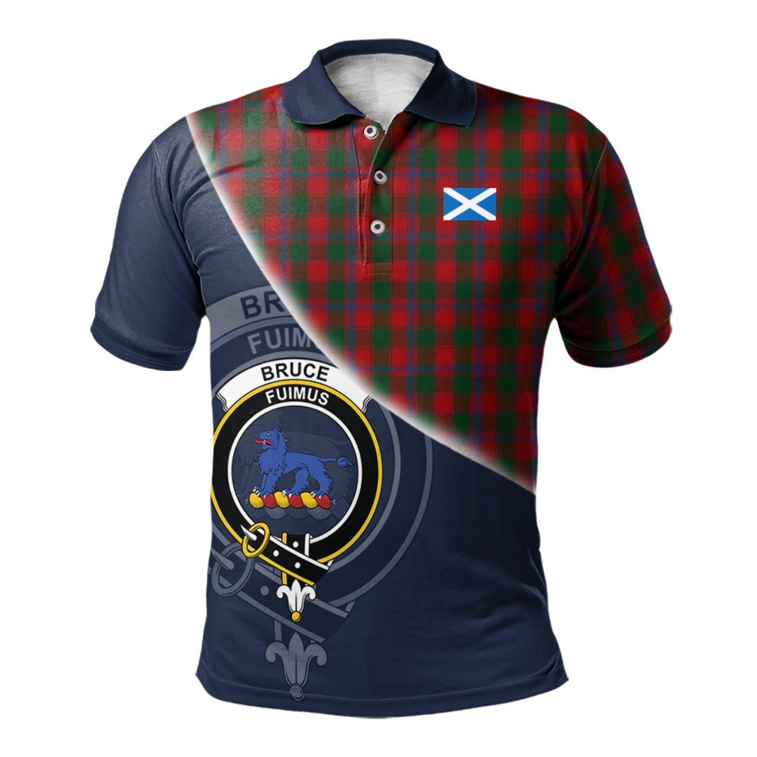 Bruce Old Clan Scotland Golf Polo, Tartan Mens Polo Shirts with Scottish Flag Half Style K23
