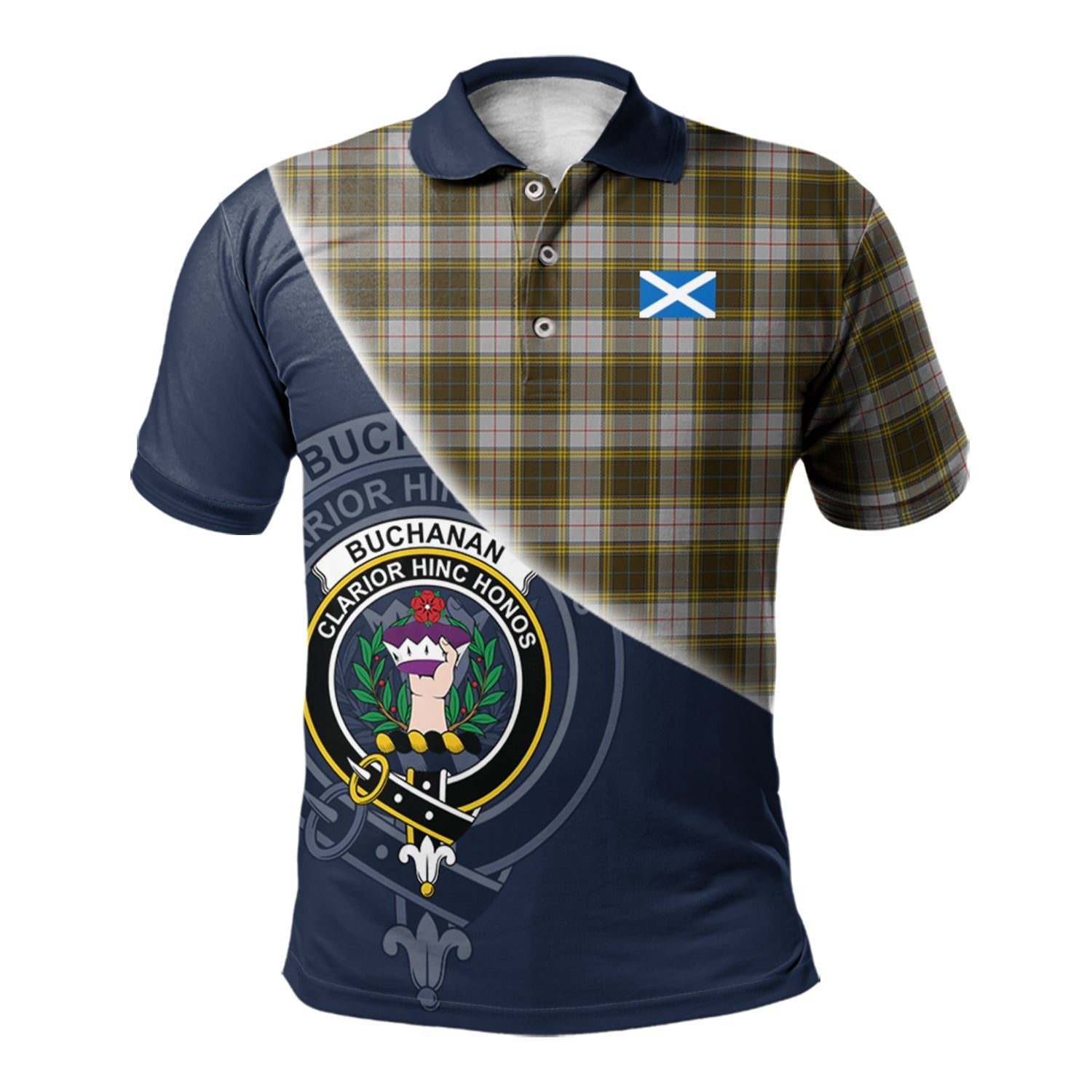 Buchanan Dress Clan Scotland Golf Polo, Tartan Mens Polo Shirts with Scottish Flag Half Style K23