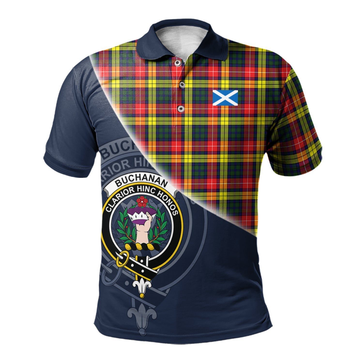 Buchanan Modern Clan Scotland Golf Polo, Tartan Mens Polo Shirts with Scottish Flag Half Style K23