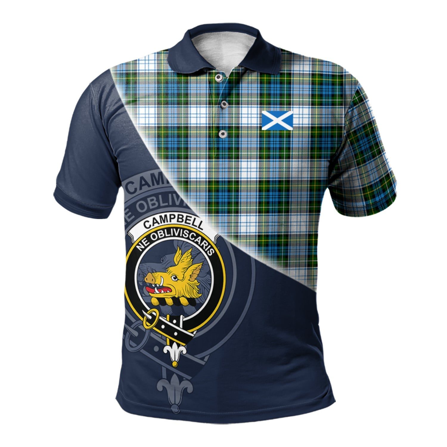 Campbell Dress Clan Scotland Golf Polo, Tartan Mens Polo Shirts with Scottish Flag Half Style K23