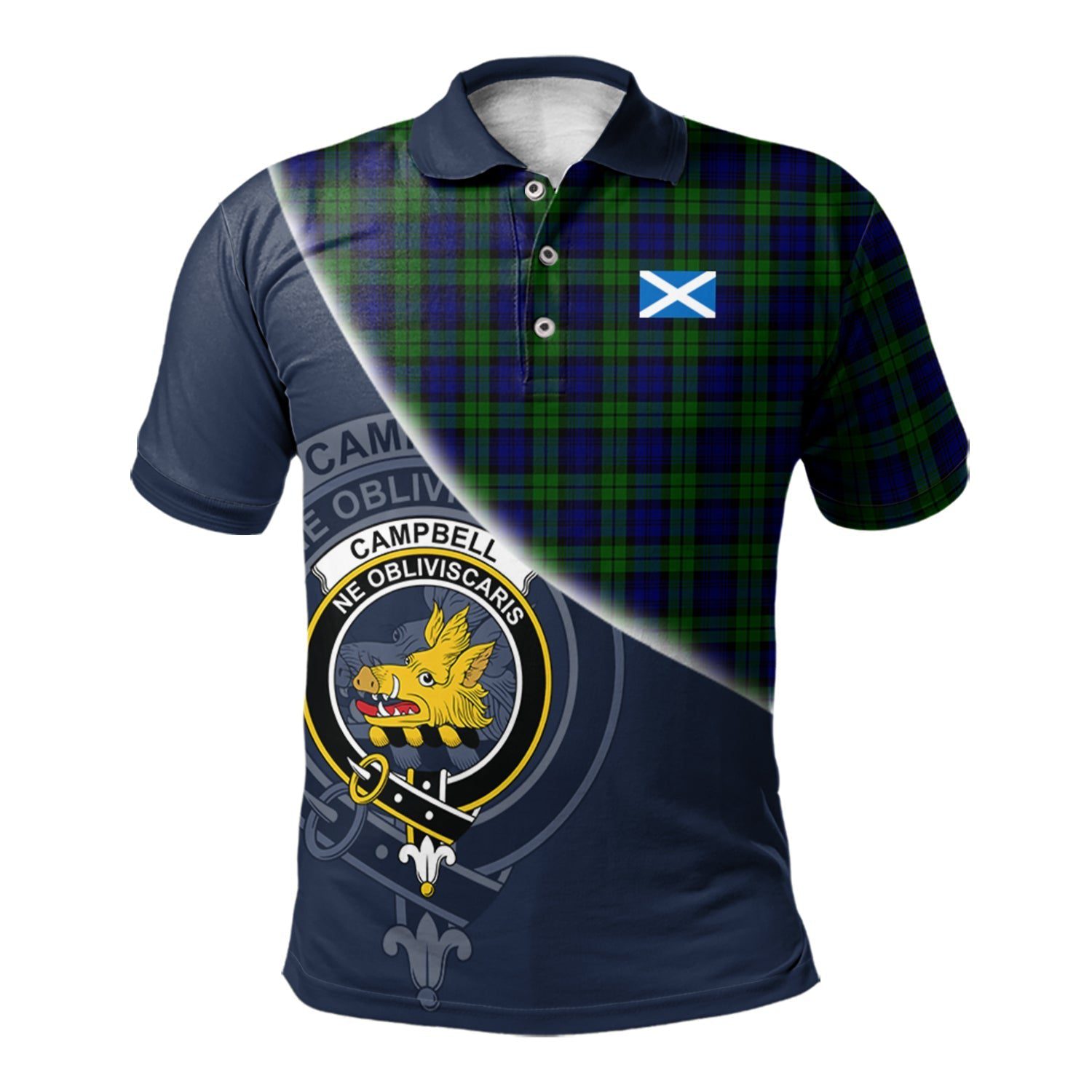 Campbell Modern Clan Scotland Golf Polo, Tartan Mens Polo Shirts with Scottish Flag Half Style K23