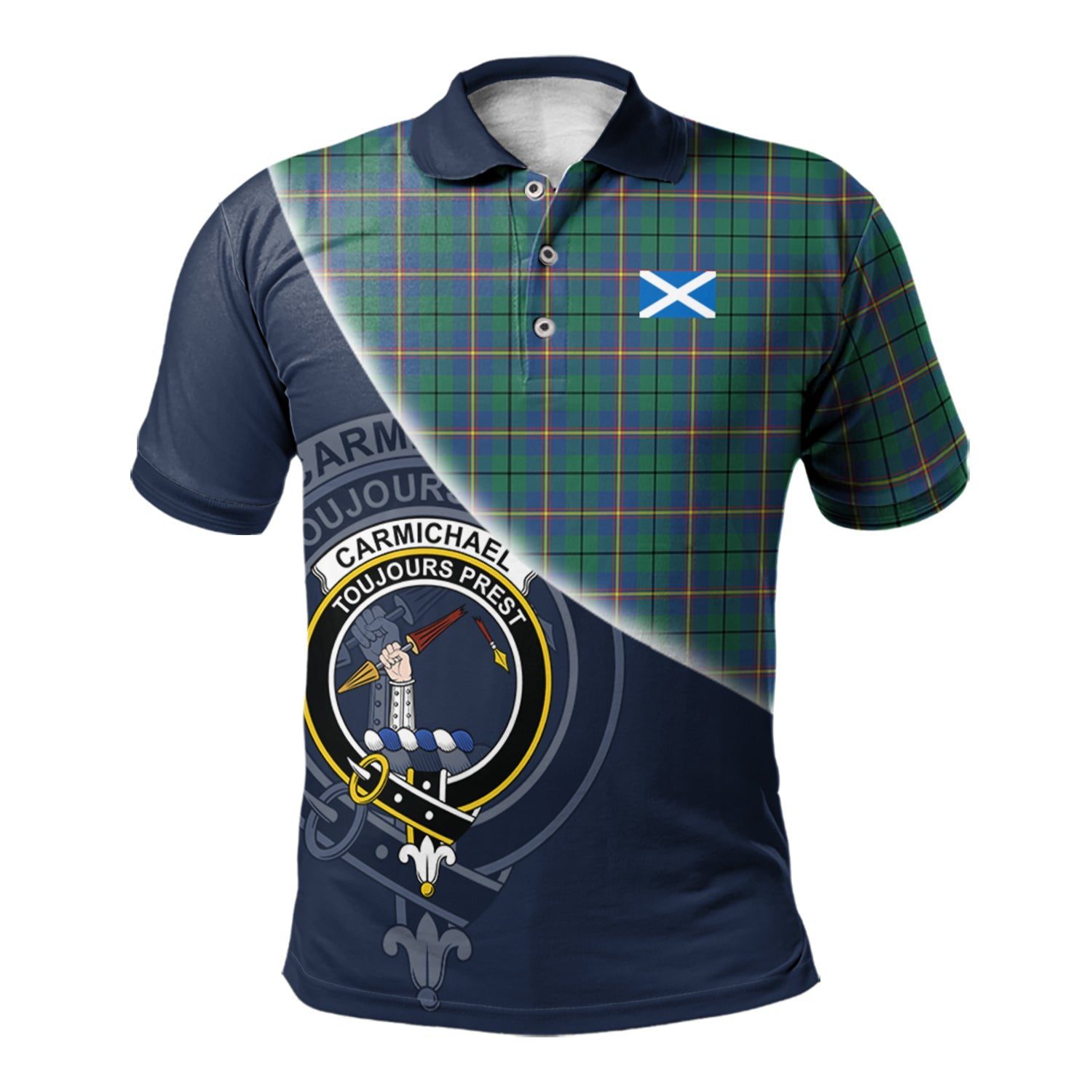Carmichael Ancient Clan Scotland Golf Polo, Tartan Mens Polo Shirts with Scottish Flag Half Style K23