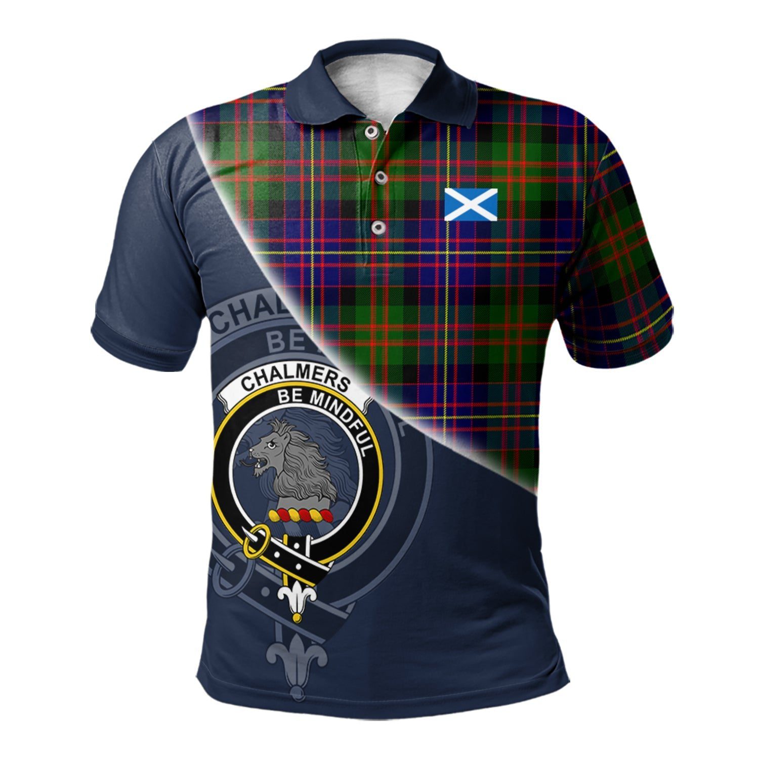 Chalmers Modern Clan Scotland Golf Polo, Tartan Mens Polo Shirts with Scottish Flag Half Style K23