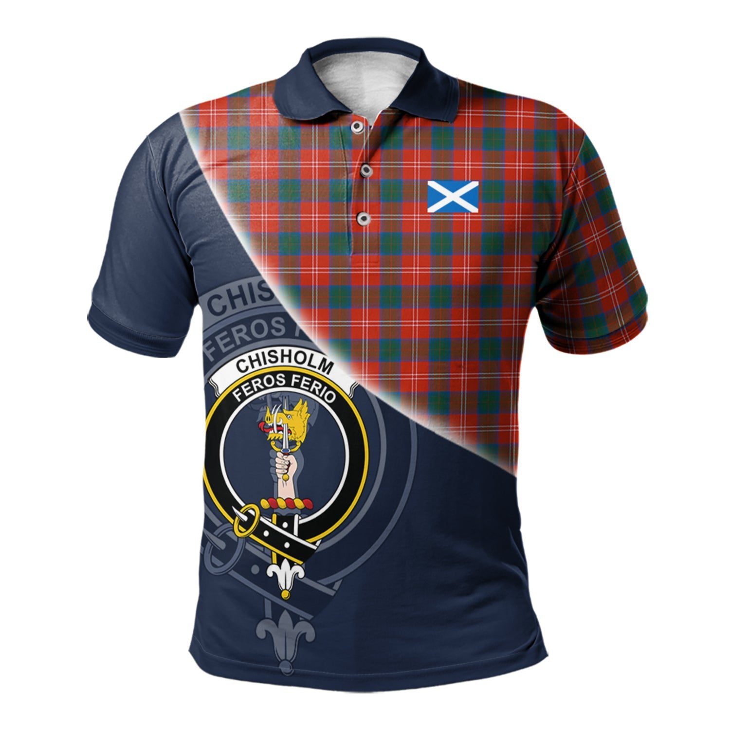 Chisholm Ancient Clan Scotland Golf Polo, Tartan Mens Polo Shirts with Scottish Flag Half Style K23