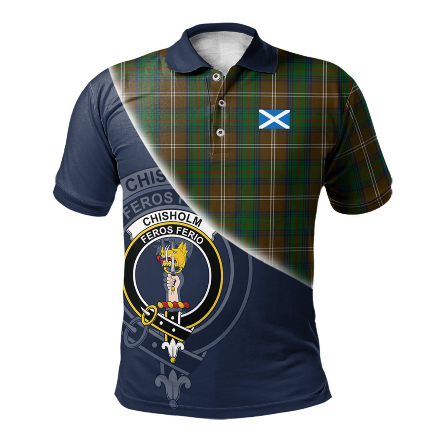 Chisholm Hunting Clan Scotland Golf Polo, Tartan Mens Polo Shirts with Scottish Flag Half Style K23