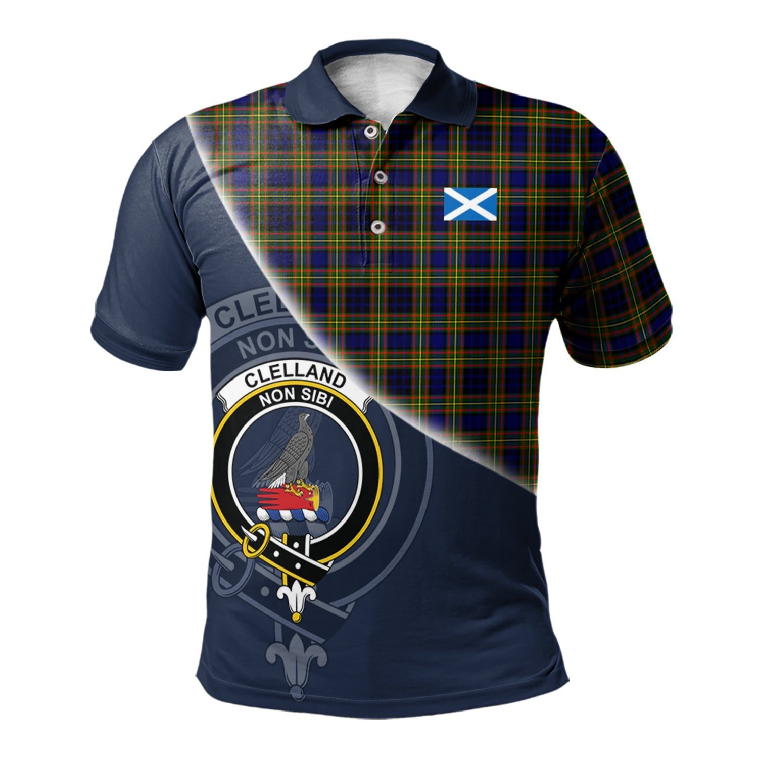Clelland Modern Clan Scotland Golf Polo, Tartan Mens Polo Shirts with Scottish Flag Half Style K23