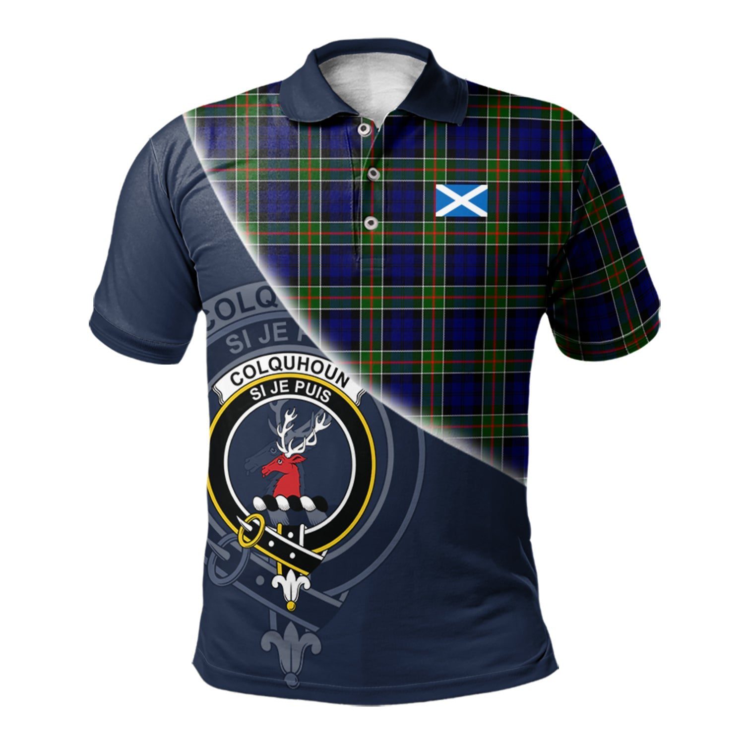 Colquhoun Modern Clan Scotland Golf Polo, Tartan Mens Polo Shirts with Scottish Flag Half Style K23