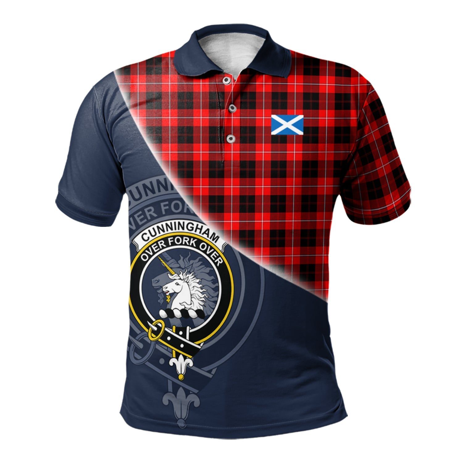 Cunningham Modern Clan Scotland Golf Polo, Tartan Mens Polo Shirts with Scottish Flag Half Style K23