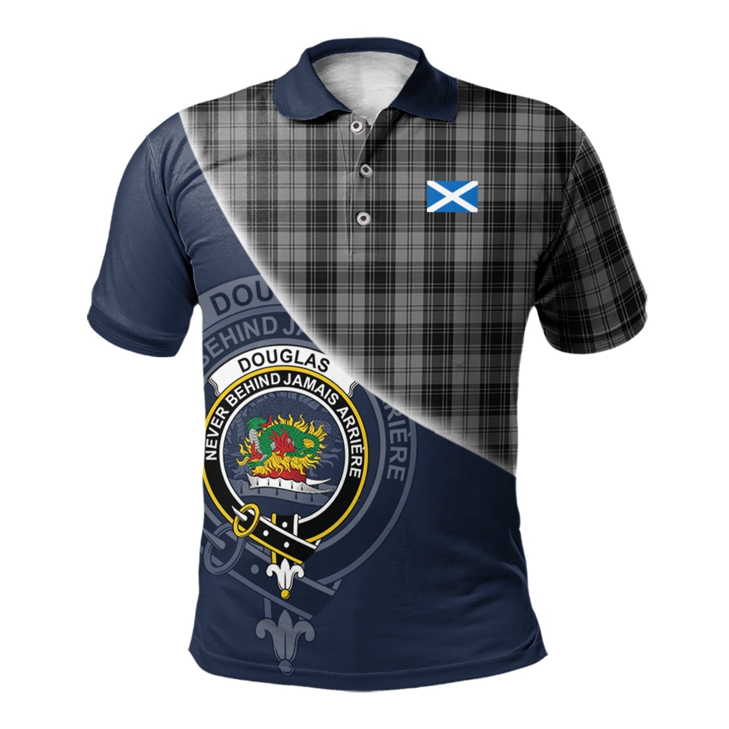 Douglas Grey Clan Scotland Golf Polo, Tartan Mens Polo Shirts with Scottish Flag Half Style K23
