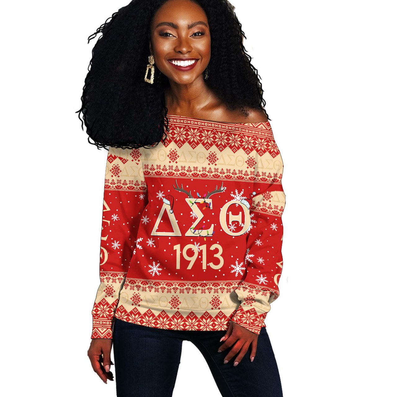 Delta Sigma Theta Off Shoulder Sweatshirt Christmas Symbols Design