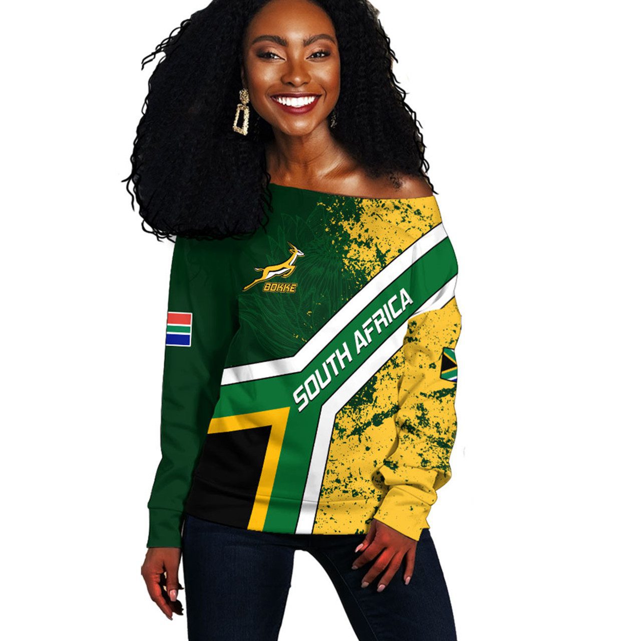 South Africa Off Shoulder Sweatshirt Bokke Flag Gunge Background