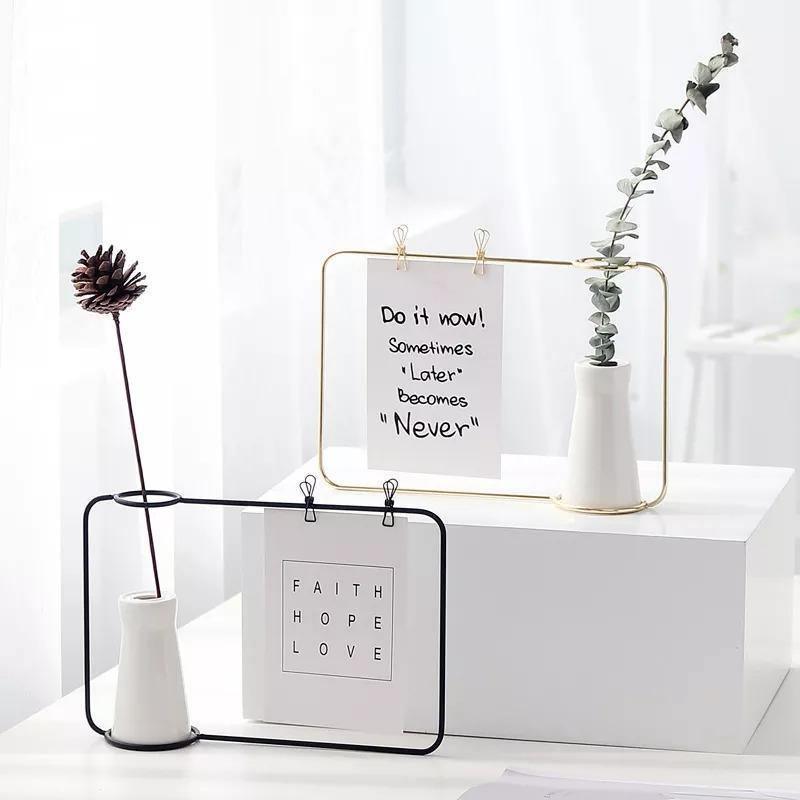 Iron Photo Display Frame with Ceramic Vase and Clips NTD