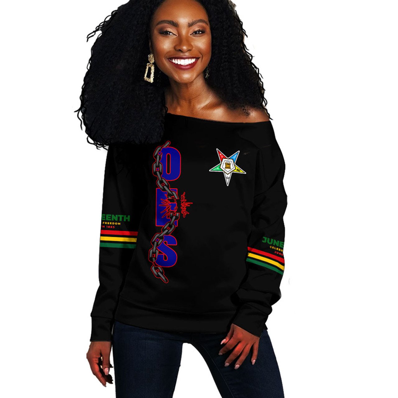 Order of the Eastern Star Off Shoulder Sweatshirt Juneteenth Chain Freedom Day