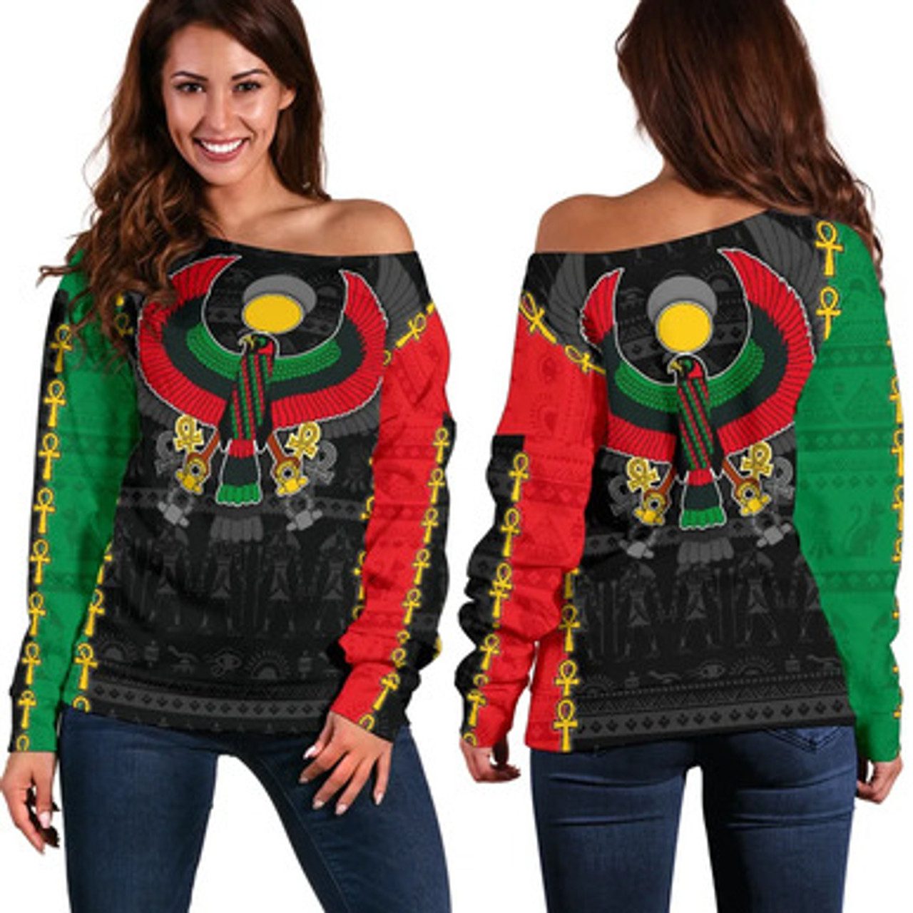 Pan African Off Shoulder Sweater – Pan-Africanism Ancient Egypt Horus