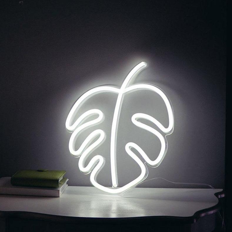 LED Neon White Leaf Wall Sign for Cool Light, Wall Art Bedroom Decorations Home Accessories Party Holiday Decor Light Up Signs NTD