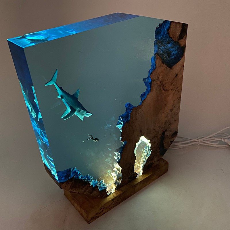 Ocean Resin Shark Night Light, Handmade Diver Wooden Ornaments, Best Friend Gift, Unique Decor Gift, Christmas Gift, Halloween Gift NTD