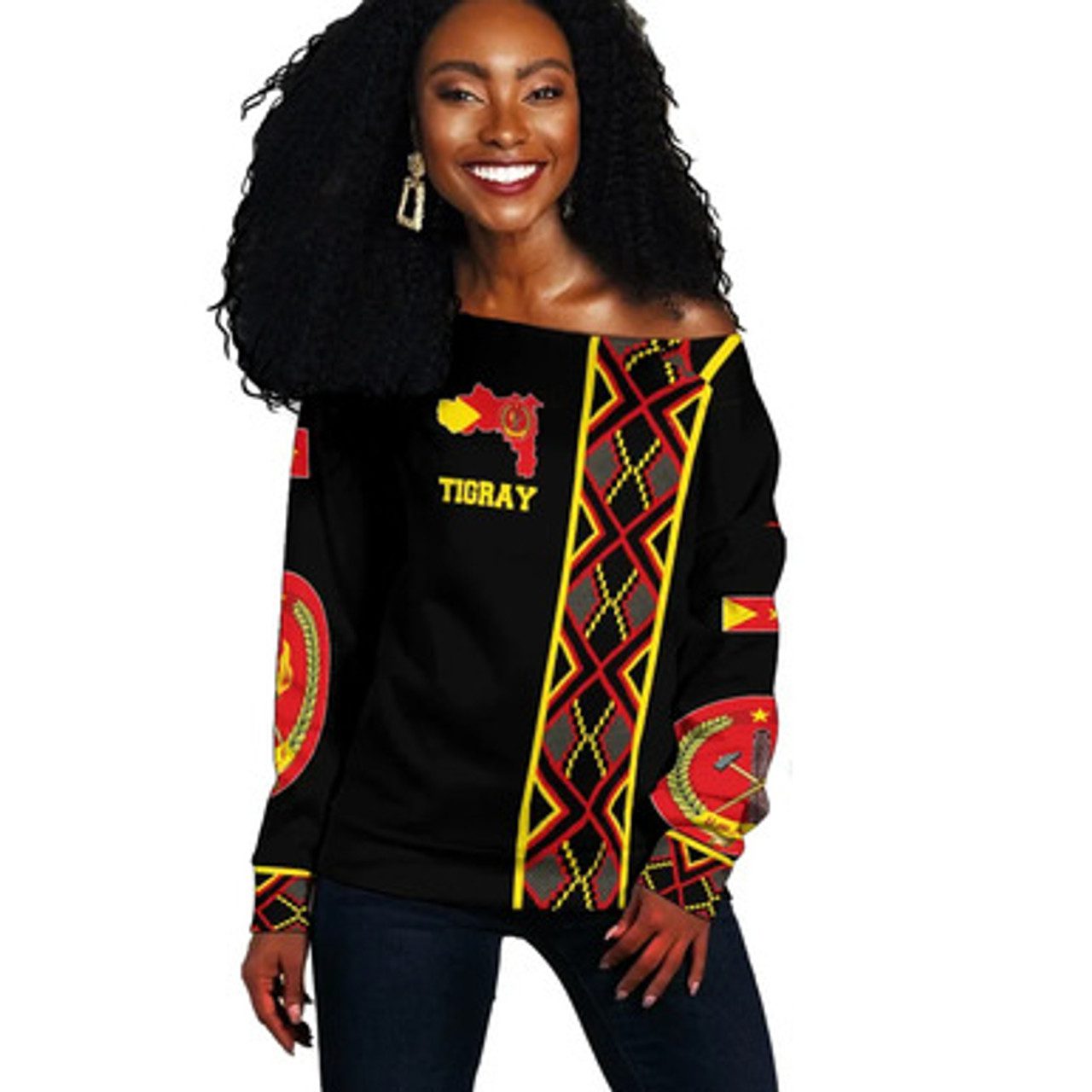 Tigray Off Shoulder Sweater. Tigray Maps Africa Pattern Black