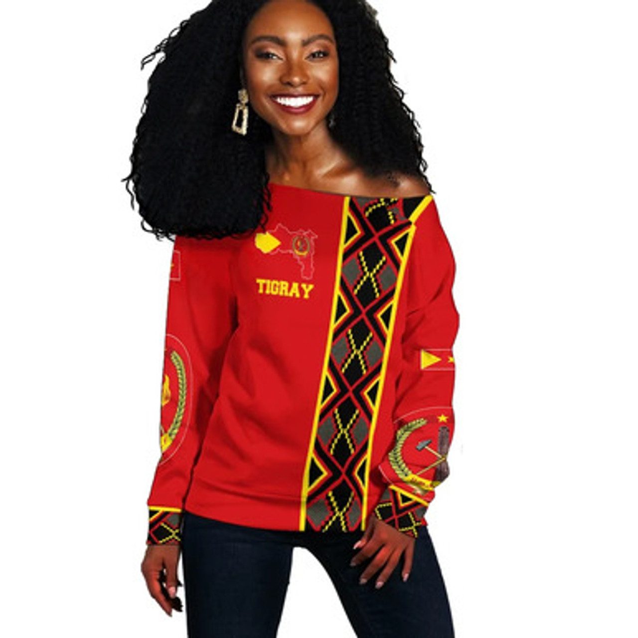 Tigray Off Shoulder Sweater. Tigray Maps Africa Pattern Red