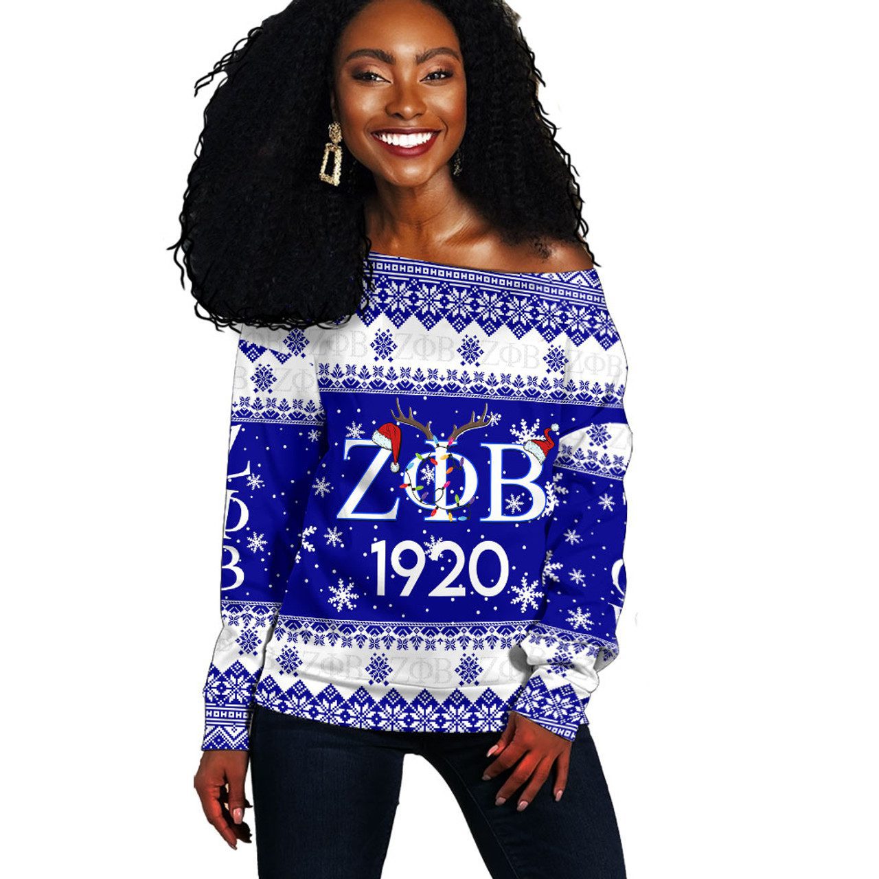 Zeta Phi Beta Off Shoulder Sweatshirt Christmas Symbols Design