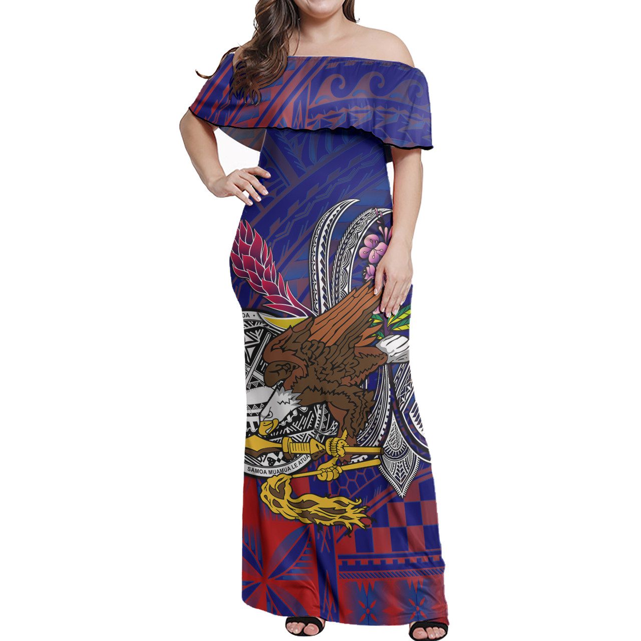 American Samoa Seal With National Flowers Polynesian Patterns Women Off Shoulder Long Dress